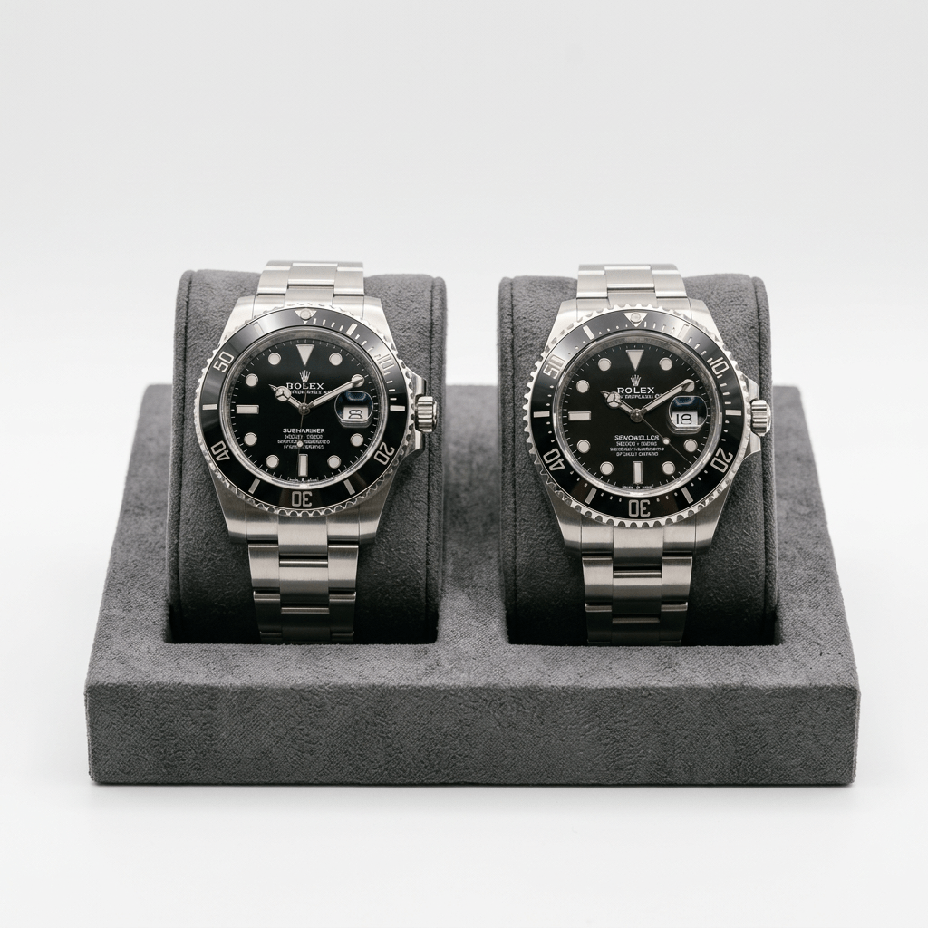 Two Aeterna Oceanmaster Chronometer watches displayed in glass case at airport duty-free shop